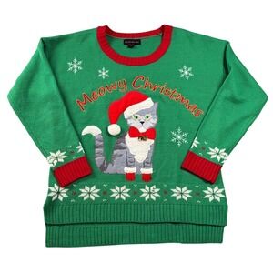 Blizzard Bay Meowy Christmas Sweater Green Cat Jingle Bells Women Large S61223